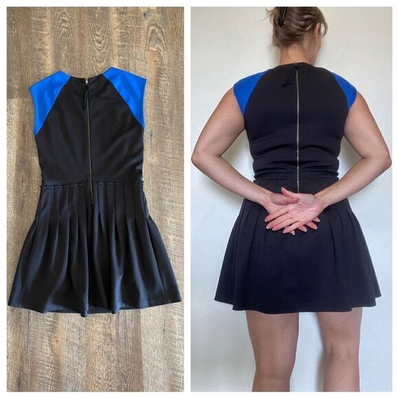 Rebecca Taylor Dress Color Block Pleated 6 Black Blue Sophsticated - Picture 5 of 10